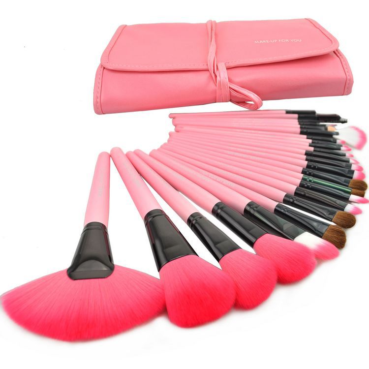 24 Pcs Professional Make Up Makeup Cosmetic Brush Set With Pink Leather Case - Pink