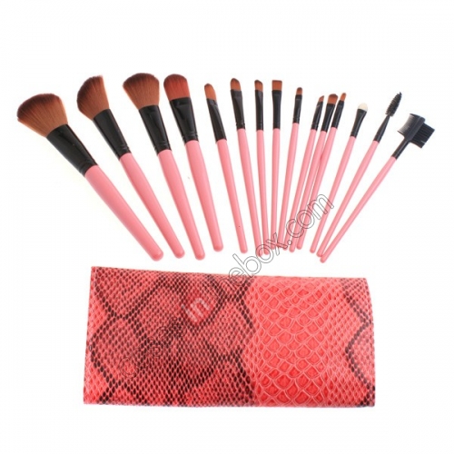 15pcs Makeup Brushes Tools Cosmetic Brush Set Eyebrow Comb With Roll Up Snake Pattern Bag