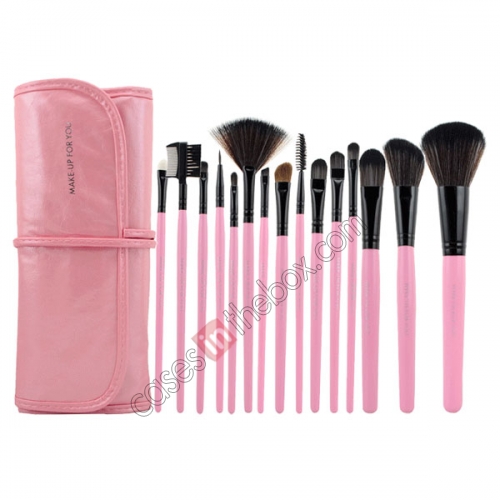 15 Pcs Professional Makeup Brush Set + Pinkleather Case Make Up Brush - Pink