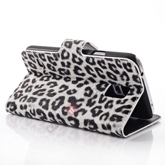 Leopard Print Leather Folio Stand Wallet Case For Samsung Galaxy S5 G900 - White