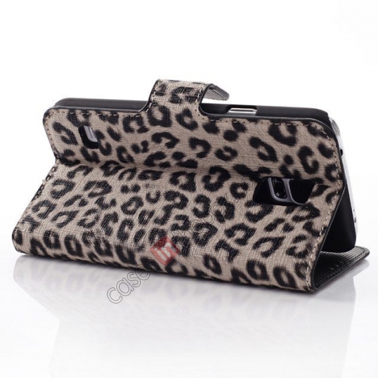 Leopard Print Leather Folio Stand Wallet Case For Samsung Galaxy S5 G900 - Brown