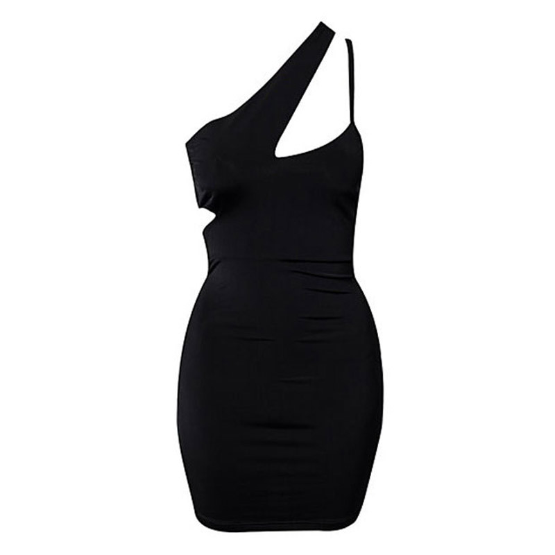 Women Single Shoulder Halter-neck Black Hollow Slim Dress on Luulla